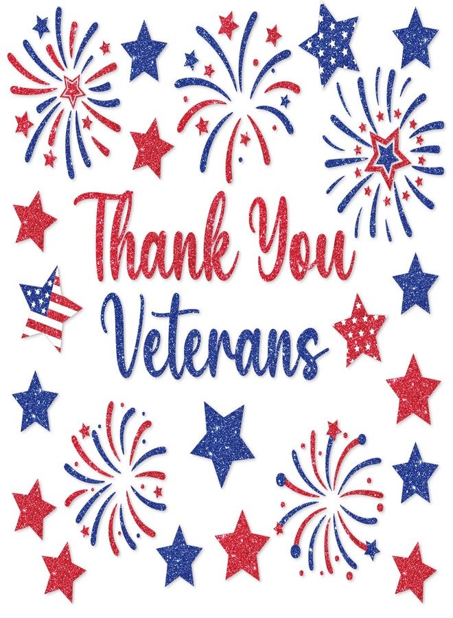Yewfold 6 Sheet Thank You Veterans Window Clings, Glitter Star Shaped Fireworks Window Veterans Day Decorations, Patriotic Decorations for 4th of July, Independence, Labor, Memorial Day (Glitter) - Image 1